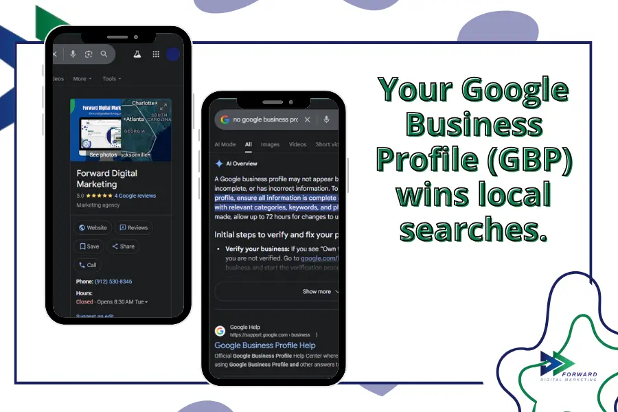Two phones with search engine results for google business profile